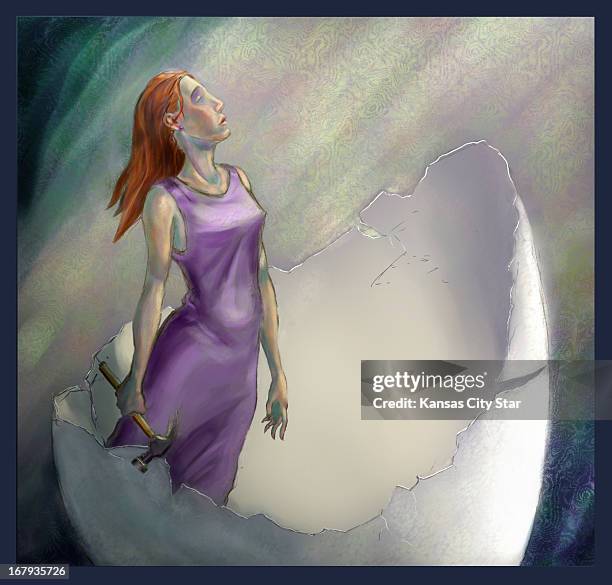 72p x 69p Hector Casanova color illustration of woman with hammer stands in broken eggshell half representing "breaking out of the shell", rebirth,...