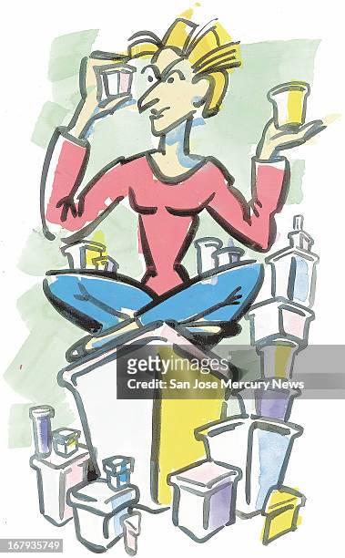 64p x 104p Wes Killingbeck color illustration of a female figure sitting atop a box, surrounded by containers of different shapes and sizes, and...