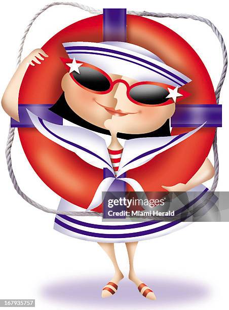 29p x 39p Anna Lense Larrauri color illustration of a smiling girl dressed in sunglasses, sailor dress and hat posing with a ship's life preserver....
