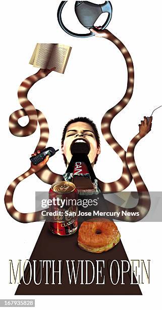 54px100p Rebecca Hall color illustration of a multi-armed person eating junk food.