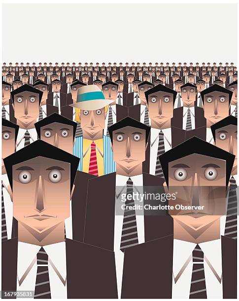 59p x 75p George Breisacher color illustration of a colorfully dressed man with fedora standing out in crowd of cloned businessmen in dark suits.