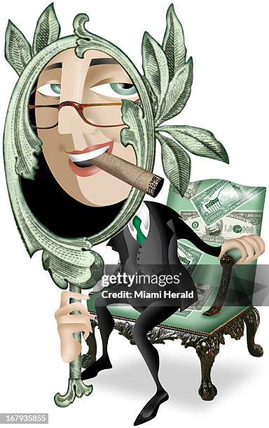 29p x 45p Ana Lense Larrauri color illustration of a wealthy executive with cigar in teeth looking through a green money mirror sits on a green...
