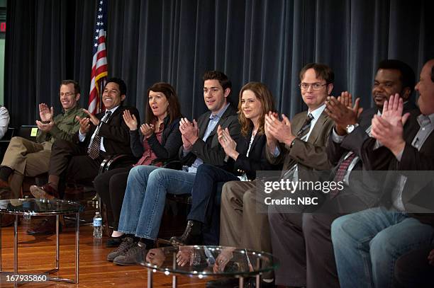 Finale" Episode 924/925 -- Pictured: Jenna Fischer as Pam Beesly Halpert, Rainn Wilson as Dwight Schrute, Craig Robinson as Darryl Philbin, Brian...