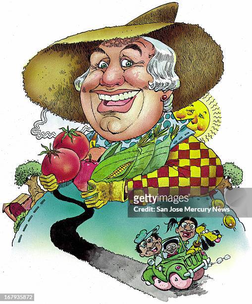 14p x 17p Jim Hummel color illustration of large, happy farmer holding produce, behind an image of a happy family driving to the market.
