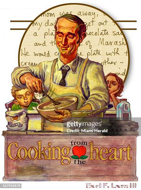 38p x 51p Earl F. Lam III color illustration of "Norman Rockwell"-type dad mixing batter in kitchen while children wait in background; "Cooking from...