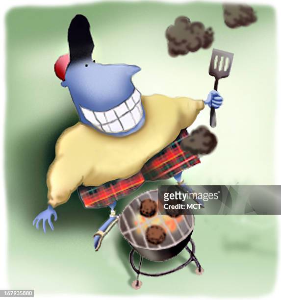 39p x 42p Lee Hulteng color illustration of man with plaid shorts cooking outdoors. For use with stories on Father's Day.