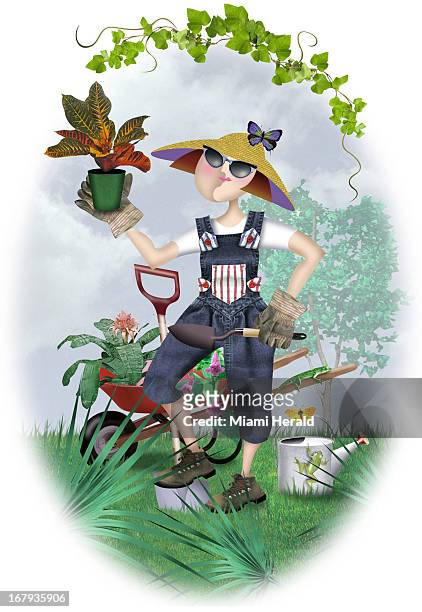 37p x 54p Ana Lense Laurrauri color illustration of lady gardener in overalls, hat, sunglasses and gloves with shovel in one hand and potted plant in...