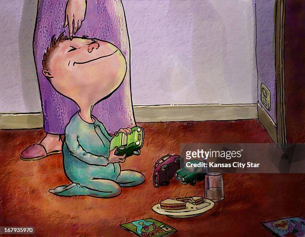 72p x 56p Hector Casanova color illustration of a good boy in his pajamas playing with his toy cars as mother behind him touches his head.