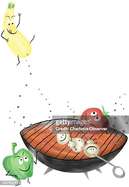 37p x 53p Brenda Pinnell color illustration of happy vegetables cooking on an outdoor grill.