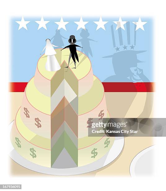 X 44 pica USA John C. Sopinski color illustration of wedding cake with a slice taken away. Shadow of Uncle Sam eats the slice, and toy groom on top...