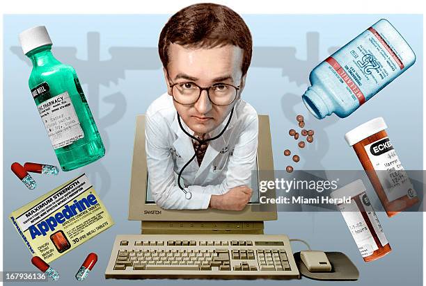 94p x 63p Ray Bubel color illustration of a doctor in labcoat emerging from acomputer monitor and surrounded by large prescription bottles, pills and...