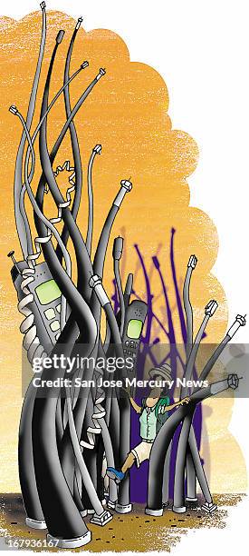 48p x 108p Pai color illustration of a woman in safari gear pushing through a jungle of cable wires and cell phones.
