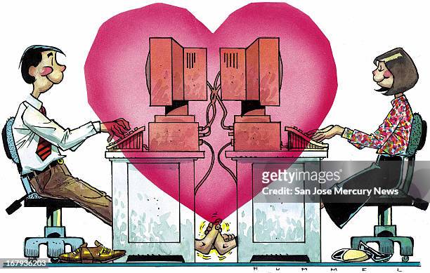 92p x 58p Jim Hummel color illustration of a pair of office workers playing footsie while working on back-to-back computers, with a big pink heart...
