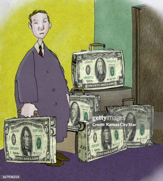 54p x 60p Hector Casanova color illustration of a worker holding a suitcase made of a five dollar bill as he stands before other suitcases of various...