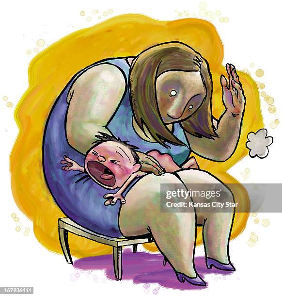 47p x 50p Hector Casanova color illustration of a vacant-eyed woman spanking a crying, naked child on her lap.