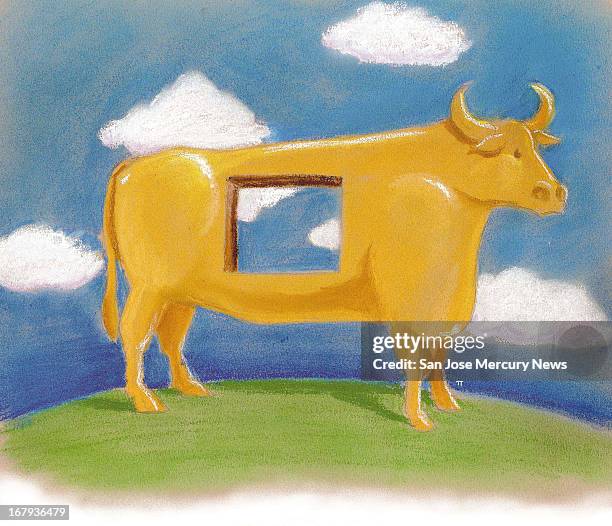 73p x 63p Pai color illustration of a golden bull with a square section missing from his center, with clouds and sky showing through representing the...