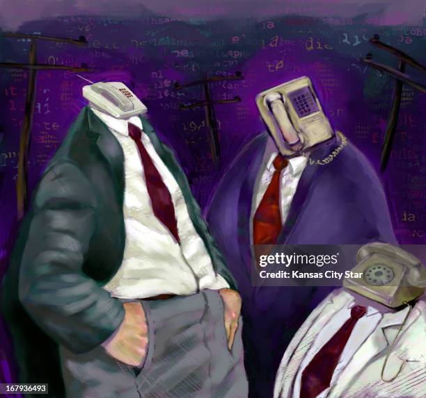 48p x 45p Hector Casanova color illustration of three "phone-heads"; telephone-headed businessmen standing together in front of telephone poles. For...