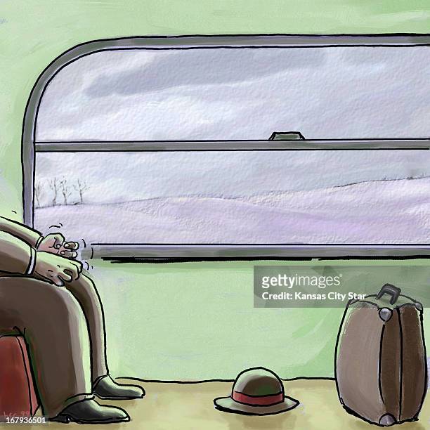 32p x 32p Hector Casanova color illustration of a train passenger's anxiety-clenched hands, train window in background, hat and suitcase in...