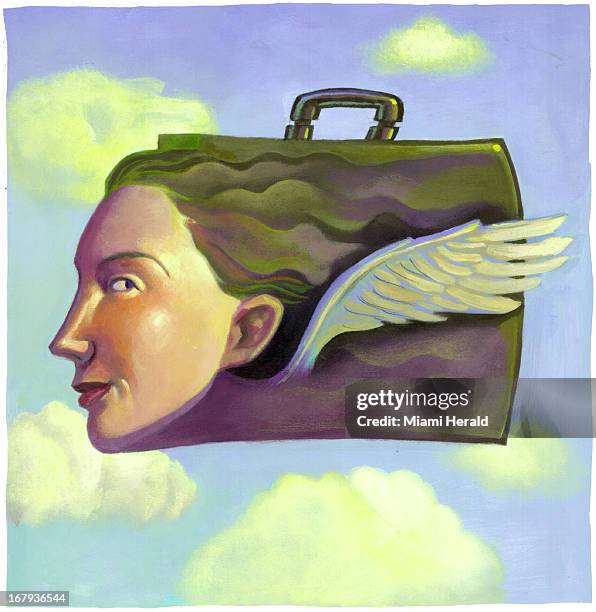 35p x 36p Earl F. Lam III color illustration of a woman's face and hair transformed into a winged suitcase soaring among the clouds.