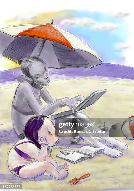 60p x 86p Hector Casanova color illustration of a working parent spending time with laptop and cell phones instead of her dejected daughter while at...