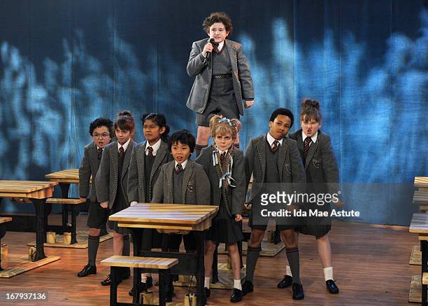 The cast of the Broadway musical "Matilda" performs on GOOD MORNING AMERICA, 5/2/13, airing on the Walt Disney Television via Getty Images Television...