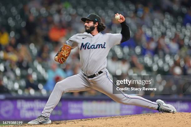 Andrew Nardi of the Miami Marlins throws a pitch during the eighth inning against the Milwaukee Brewers at American Family Field on September 13,...