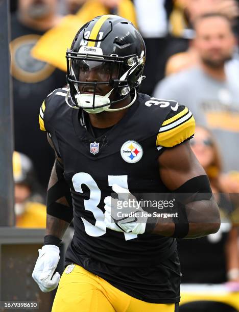 Keanu Neal of the Pittsburgh Steelers is introduced prior to the game against the San Francisco 49ers at Acrisure Stadium on September 10, 2023 in...