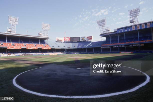 General view of home plate and the outfield bleachers at Tiger Stadium on September 27, 1999 in Detroit, Michigan.