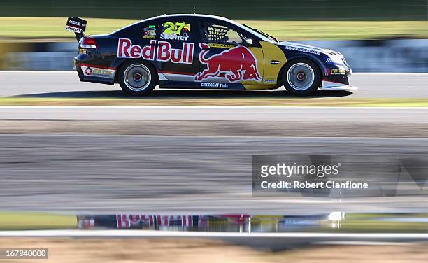 Casey Stoner drives the Red Bull Pirtek Holden during practice for round two of the V8 Supercars Dunlop Development Series at Barbagallo Raceway on...
