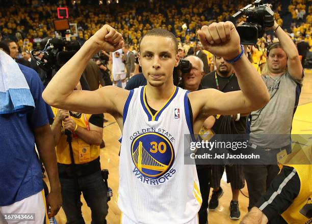 Stephen Curry of the Golden State Warriors celebrates after defeating the Denver Nuggets during Game Six of the Western Conference Quarterfinals of...