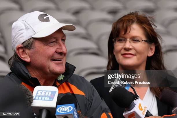 Greater Western Sydney Giants coach Kevin Sheedy and Senator Kate Lundy speak to the media during the launch of the Building Australia Tribute Match...