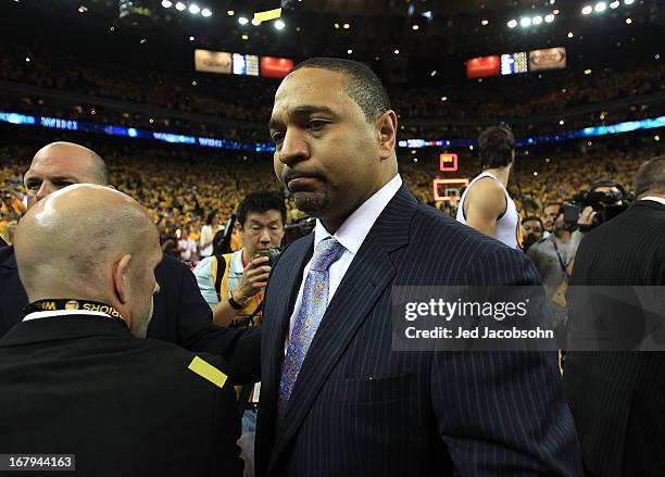 Head coach Mark Jackson of the Golden State Warriors looks on after defeating the Denver Nuggets during Game Six of the Western Conference...