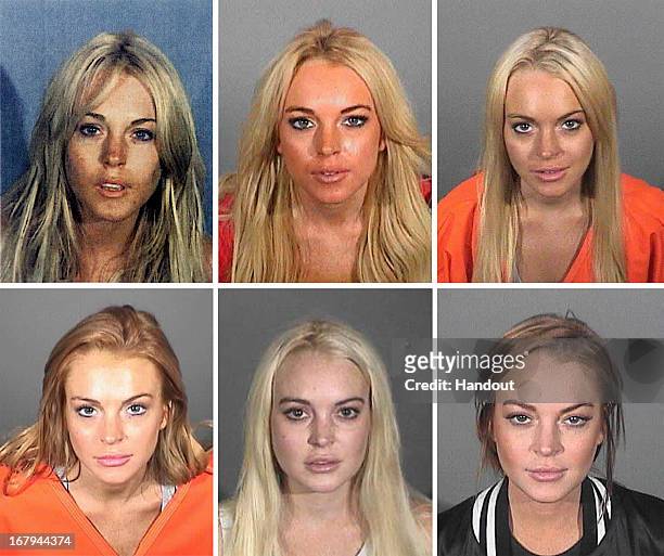 This composite image compares the six booking photos of actress Lindsay Lohan. SANTA MONICA, CA In this booking photo provided by the Santa Monica...