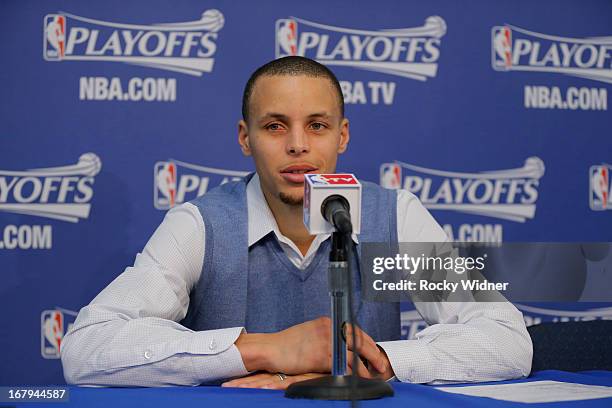 Stephen Curry of the Golden State Warriors speaks to the media after his team defeats the Denver Nuggets in Game Six of the Western Conference...