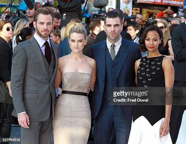 Chris Pine, Alice Eve, Zachary Quinto and Zoe Saldana attend the UK Premiere of 'Star Trek Into Darkness' at The Empire Cinema on May 2, 2013 in...