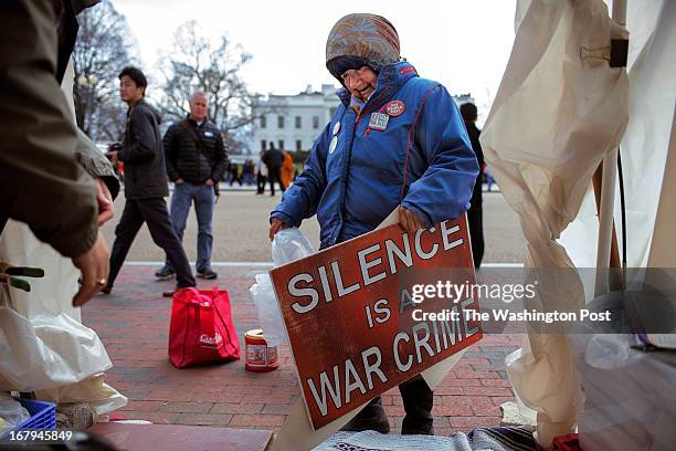 Connie Picciotto, who has maintained a protest vigil in front of the White House since the early 1980's, on March 2013 in Washington, DC.