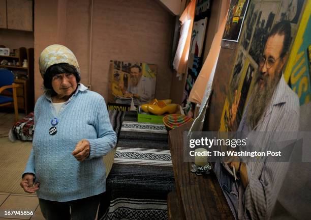 Connie Picciotto, who has maintained a protest vigil in front of the White House since the early 1980's, pictured in her basement apartment with a...