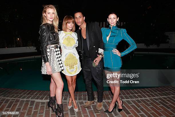 Actress Rosie Huntington-Whiteley, Nicole Richie, Designer Olivier Rousteing, Actress Liberty Ross attend the Balmain LA Dinner at Chateau Marmont on...