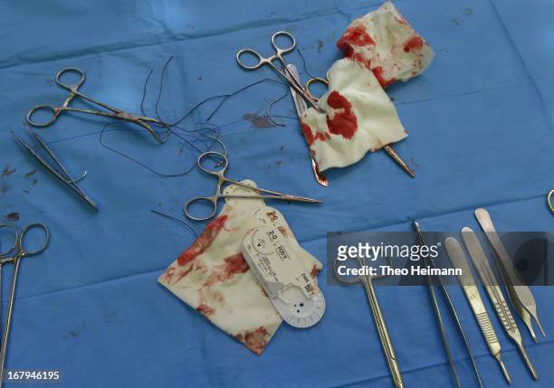 Medical instruments lie on a table in the operating room during a horse's castration at the Dueppel animal clinic on April 25, 2013 in Berlin,...