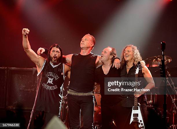Metallica Robert Trujillo, James Hetfield, Lars Ulrich, Kirk Hammett perform at the 5th Annual Revolver Golden Gods Award Show at Club Nokia on May...