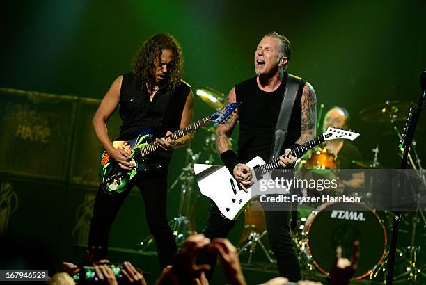 Metallica Robert Trujillo, James Hetfield, perform at the 5th Annual Revolver Golden Gods Award Show at Club Nokia on May 2, 2013 in Los Angeles,...