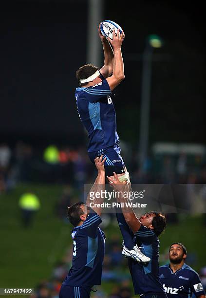 Culum Retallick of the Blues takes the ball in the lineout during the round 12 Super Rugby match between the Blues and the Stormers at North Harbour...