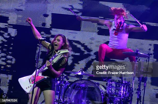 Lzzy Hale and Arejay Hale of Halestorm perform at the 5th Annual Revolver Golden Gods Award Show at Club Nokia on May 2, 2013 in Los Angeles,...