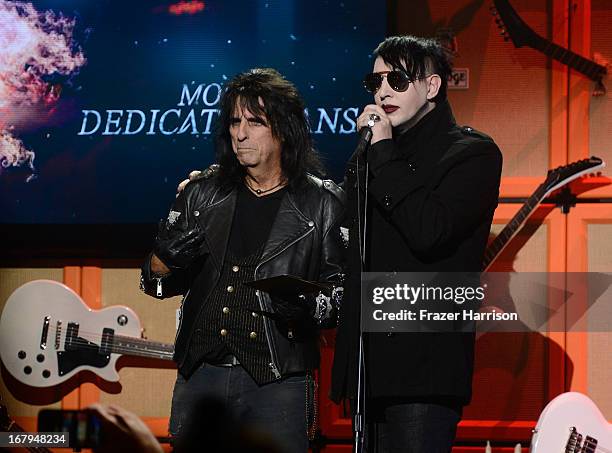 Musicians Alice Cooper and Marilyn Manson on stage at the 5th Annual Revolver Golden Gods Award Show at Club Nokia on May 2, 2013 in Los Angeles,...