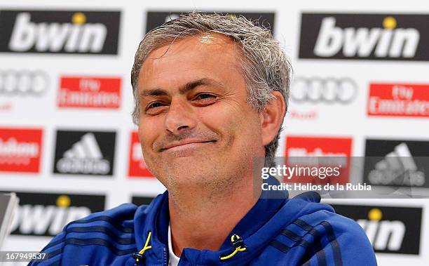 Head coach Jose Mourinho of Real Madrid attends a press conference at Valdebebas training ground on May 3, 2013 in Madrid, Spain.