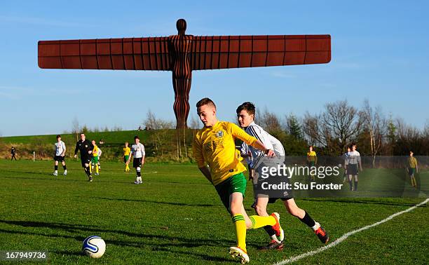 The Anthony Gormley "Angel of the North" sculpture overlooks the match between Gateshead and Esh Winning on May 2, 2013 in Gateshead, England.
