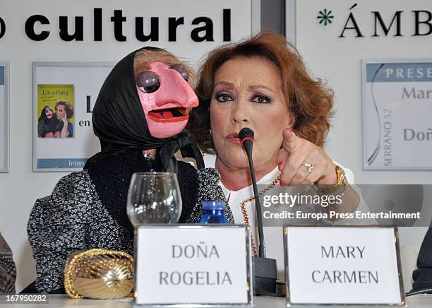 Spanish ventriloquist Mari Carmen and her doll Dona Rogelia present the book 'La Crisis En Orejilla Del Sordete' on April 30, 2013 in Madrid, Spain.