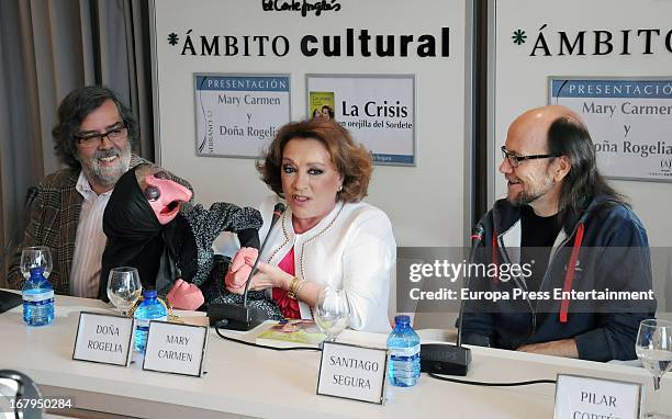 Spanish ventriloquist Mari Carmen , her doll Dona Rogelia and Santiago Segura present the book 'La Crisis En Orejilla Del Sordete' on April 30, 2013...