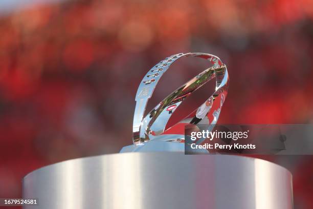 Close up of the Lamar Hunt trophy after the AFC Championship playoff game between the Kansas City Chiefs and the Cincinnati Bengals at GEHA Field at...