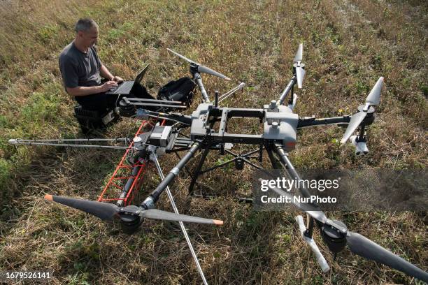 Drone with artificial intelligence integration used to detect explosive devices in humanitarian demining, Zhytomyr region, Ukraine. September 20,...